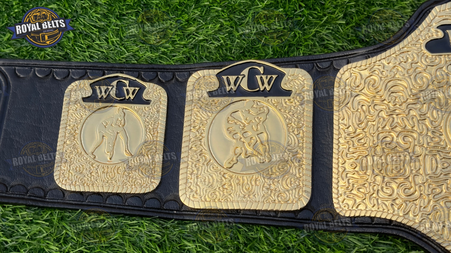 WCW belt with engraved side plates, HD CNC detailing, durable premium black leather strap