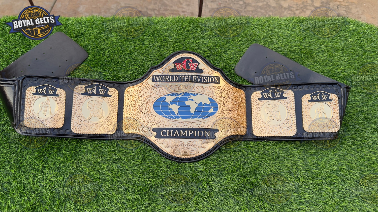 WCW World TV belt HD CNC with gold plated center plate, black stitched leather strap, engraved side details Manufacture by Royal Belts