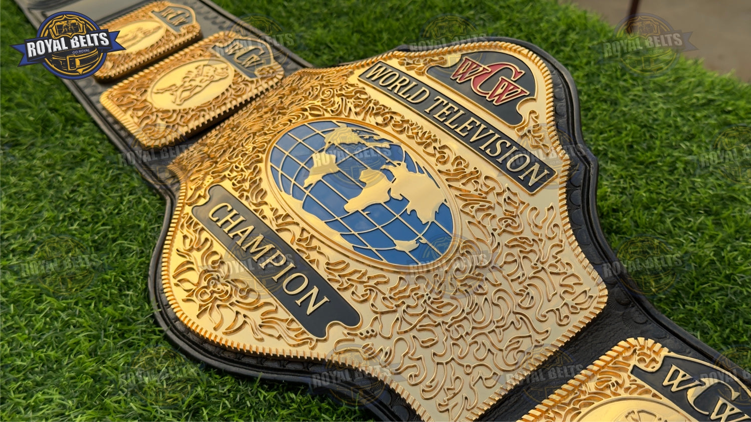 WCW World TV belt with engraved HD CNC side plates, mirror gold finish, durable premium black leather strap