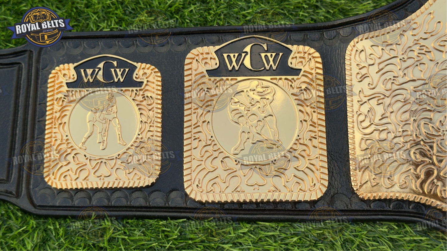Custom WCW TV championship belt with raised HD CNC gold center, embossed logos, stitched leather strap