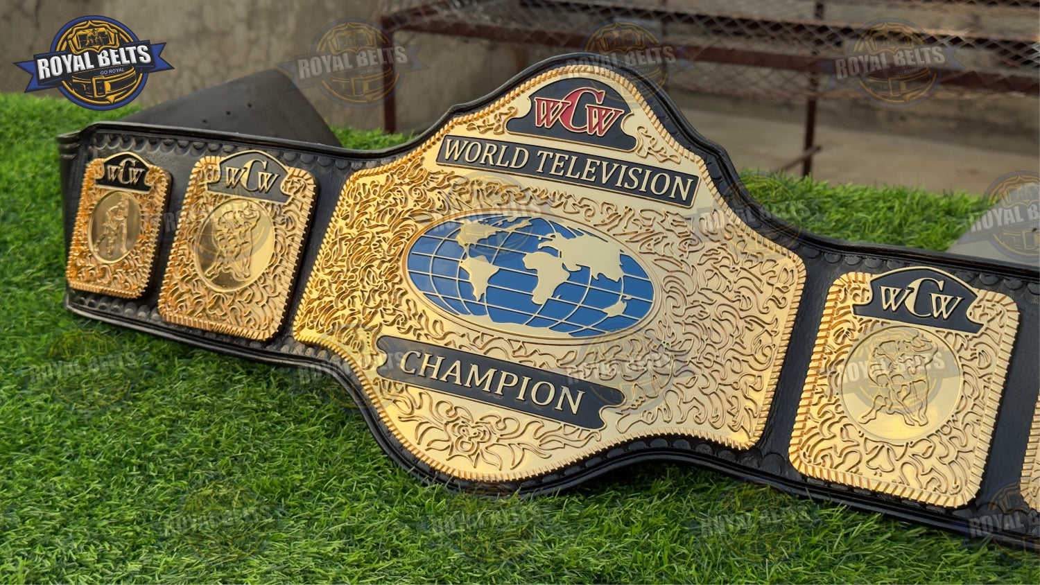World Television belt with beveled HD CNC gold center, mirror polished finish, reinforced black leather strap