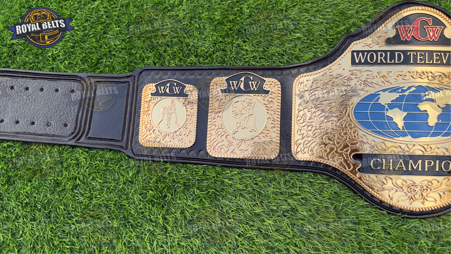 WCW belt HD CNC with mirror-finish gold center plate, embossed logos, thick stitched black leather strap