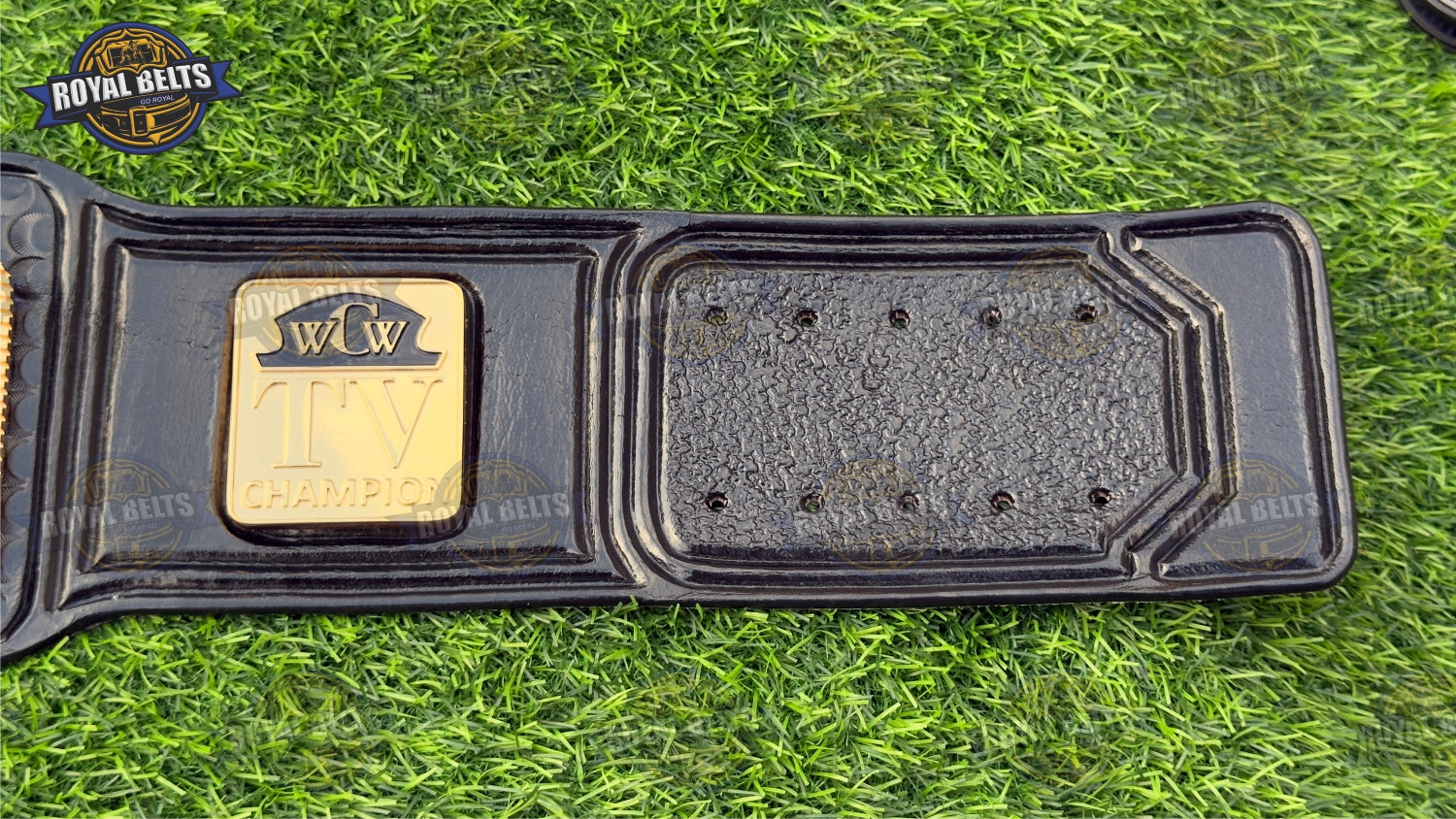 Custom WCW World TV belt HD CNC with beveled center plate, mirror gold finish, adjustable stitched leather strap