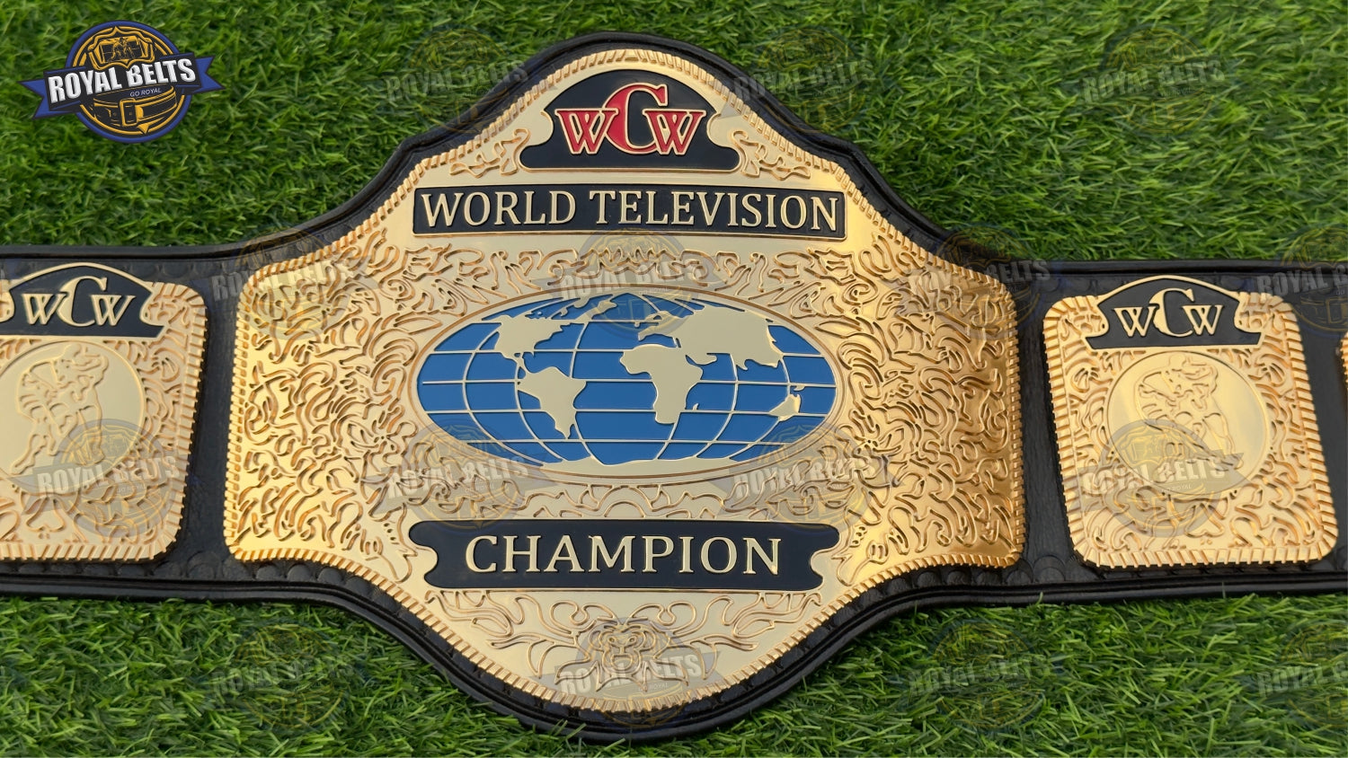Television championship belt featuring raised HD CNC center plate, mirror polished zinc, premium black leather Manufacture by Royal Belts