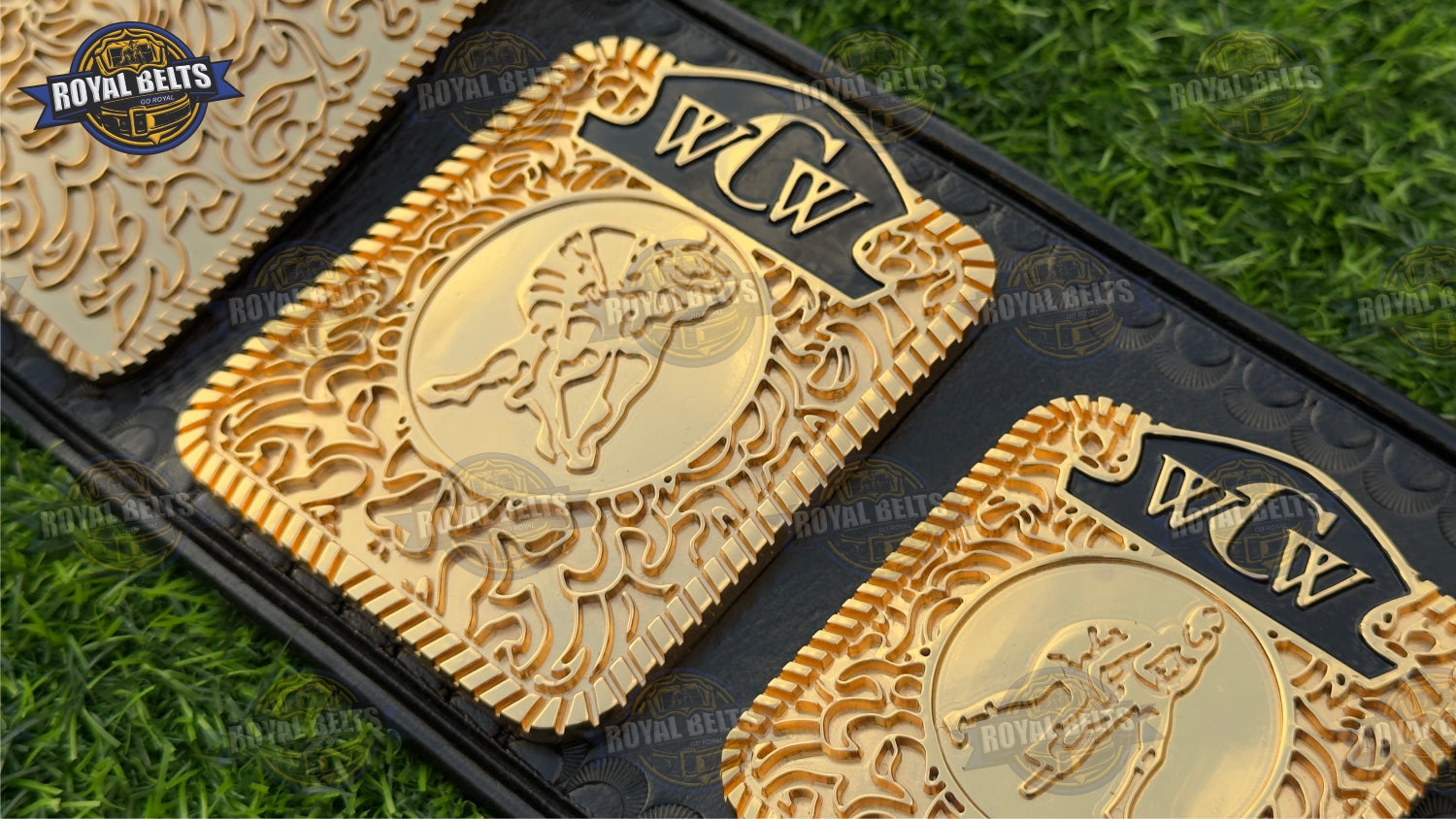 Custom WCW TV belt HD CNC with mirror finish side plates, layered gold center, stitched premium black leather