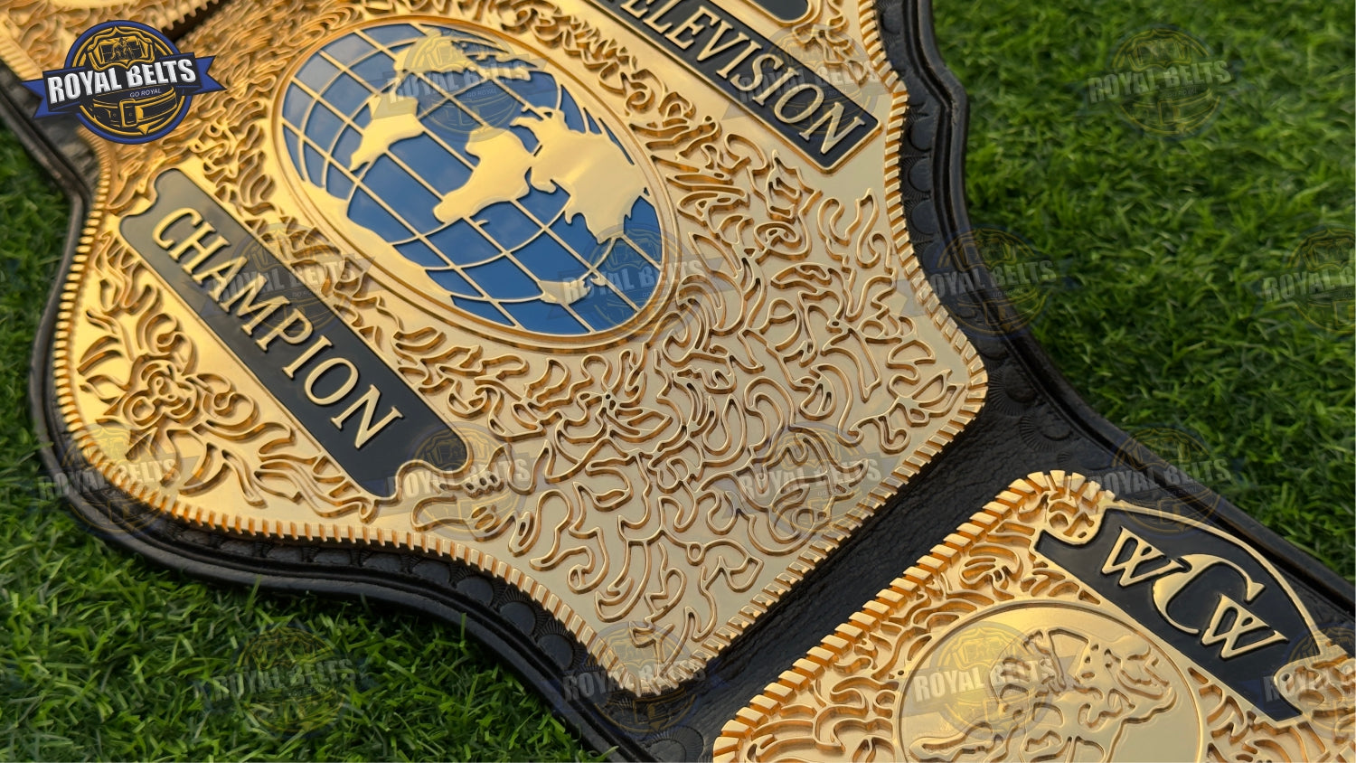 WCW TV championship belt HD CNC with embossed center logo, deep engraved details, smooth stitched black leather