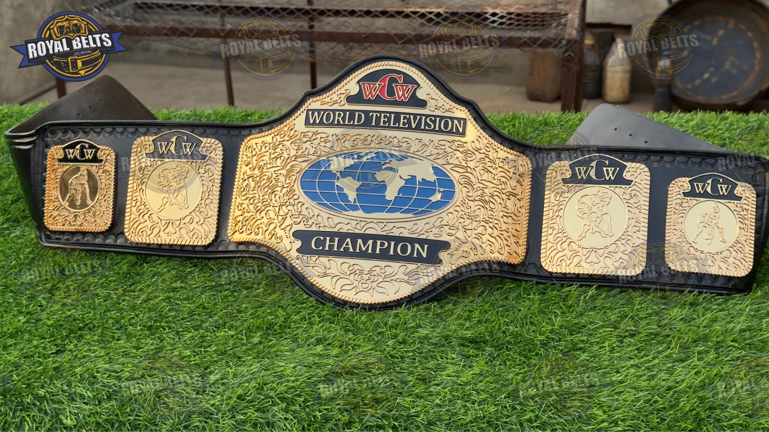 Custom WCW TV belt with layered gold HD CNC center, deep engraved logos, stitched thick leather strap Manufacture by Royal Belts