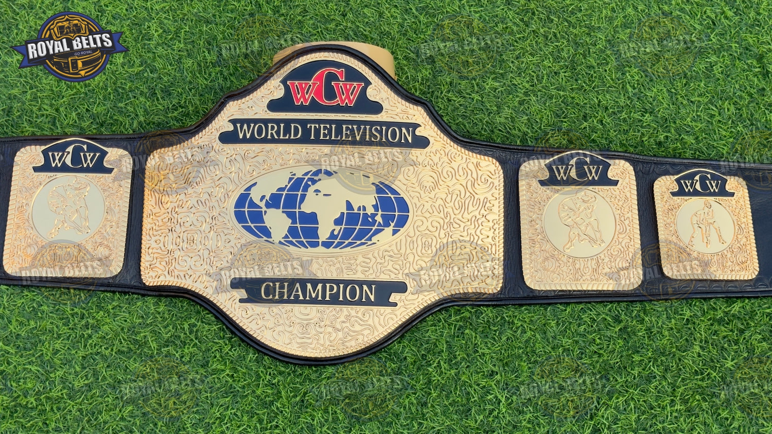 HD CNC WCW TV championship belt with ornate side plates, high gloss gold finish, reinforced black leather strap