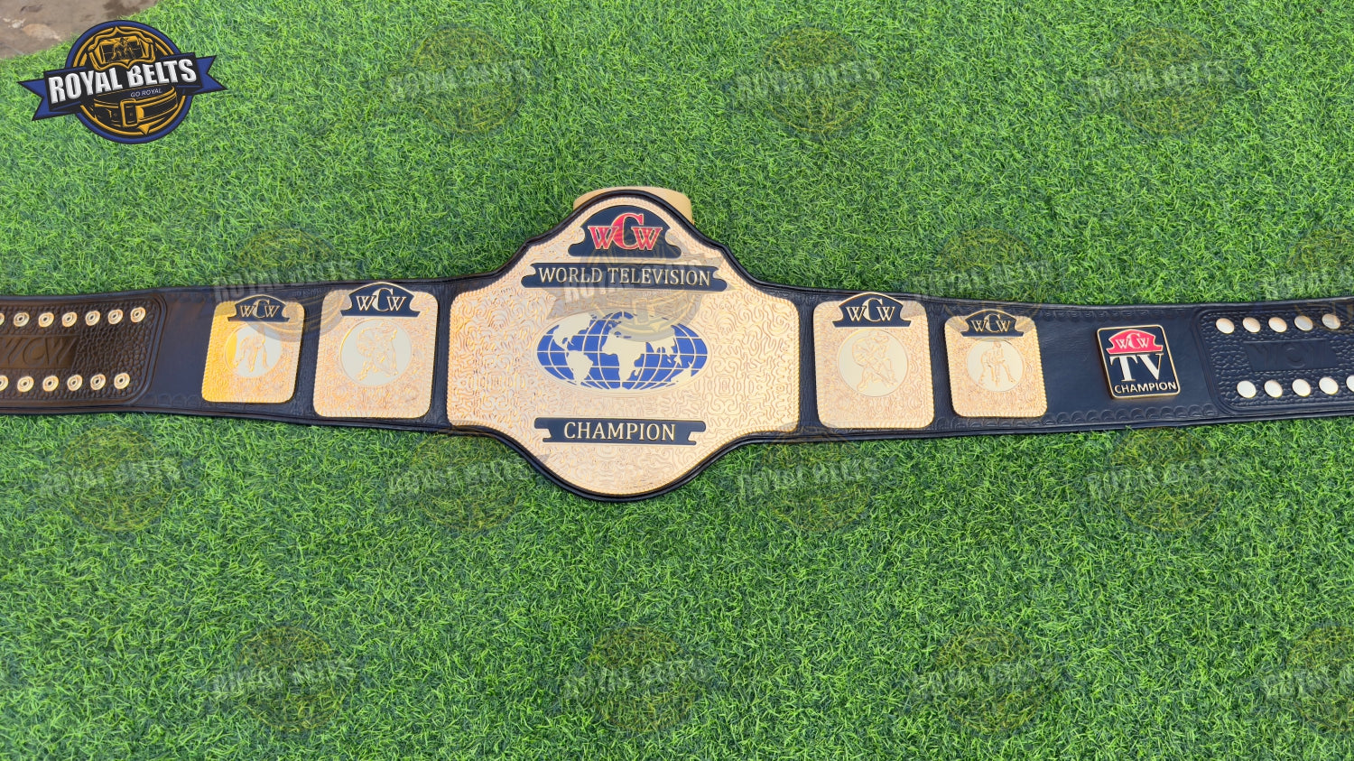 Custom WCW TV belt HD CNC with mirror polished gold plates, engraved center emblem, premium stitched leather