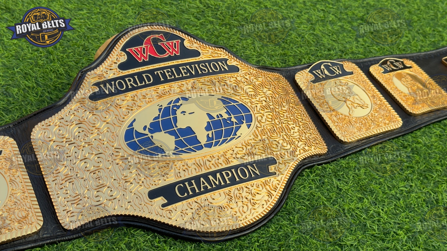 WCW TV belt with beveled HD CNC center plate, polished gold finish, adjustable black stitched leather strap