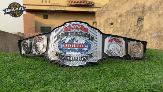 WCW World TV belt with chrome plated center plate, black stitched leather strap, HD CNC engraved detailing Crafted by Royal Belts