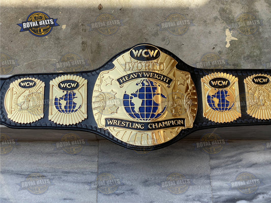 WCW World Wrestling belt with gold plated center plate and black stitched leather strap, detailed CNC engraving Made by Royal Belts