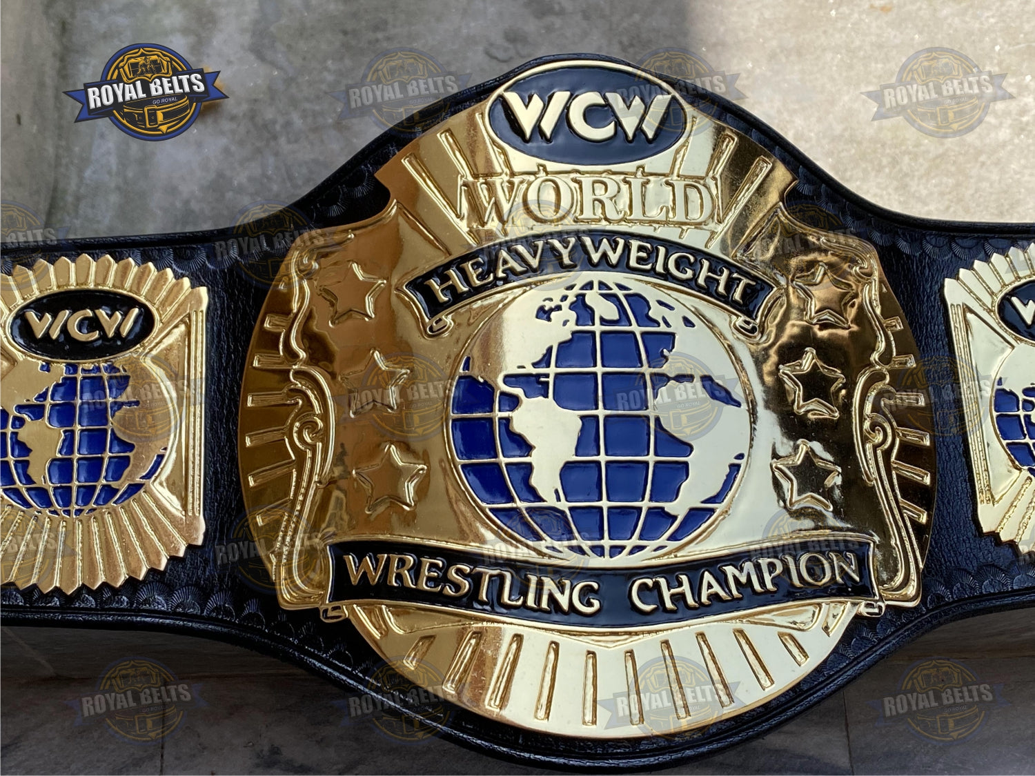 Custom WCW belt with layered gold plates, HD engraved center, premium stitched black leather strap Made by Royal Belts
