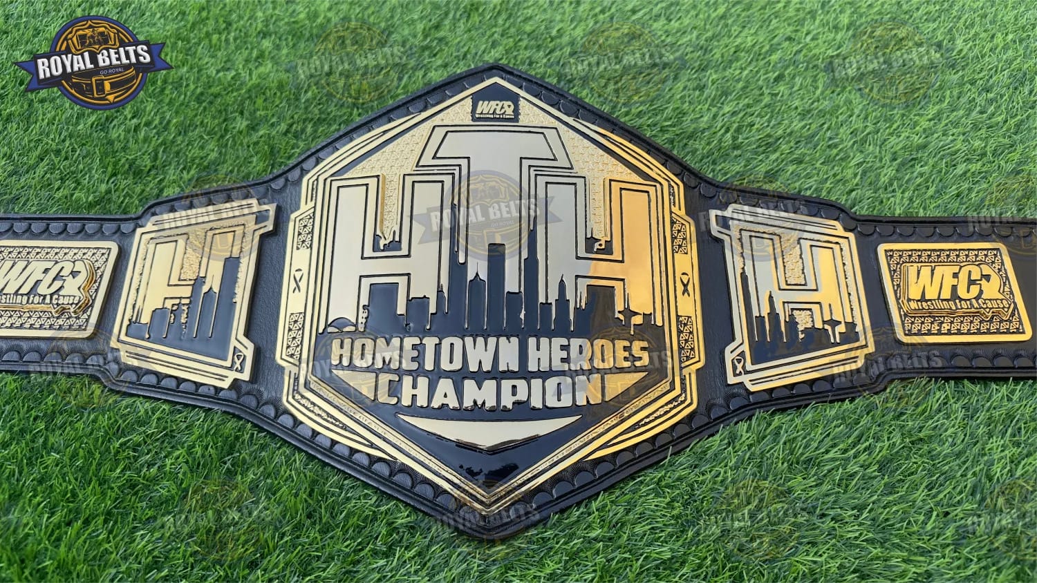 WFC Hometown Heroes championship belt with custom logo plate, gold finish, black leather strap Made by Royal Belts