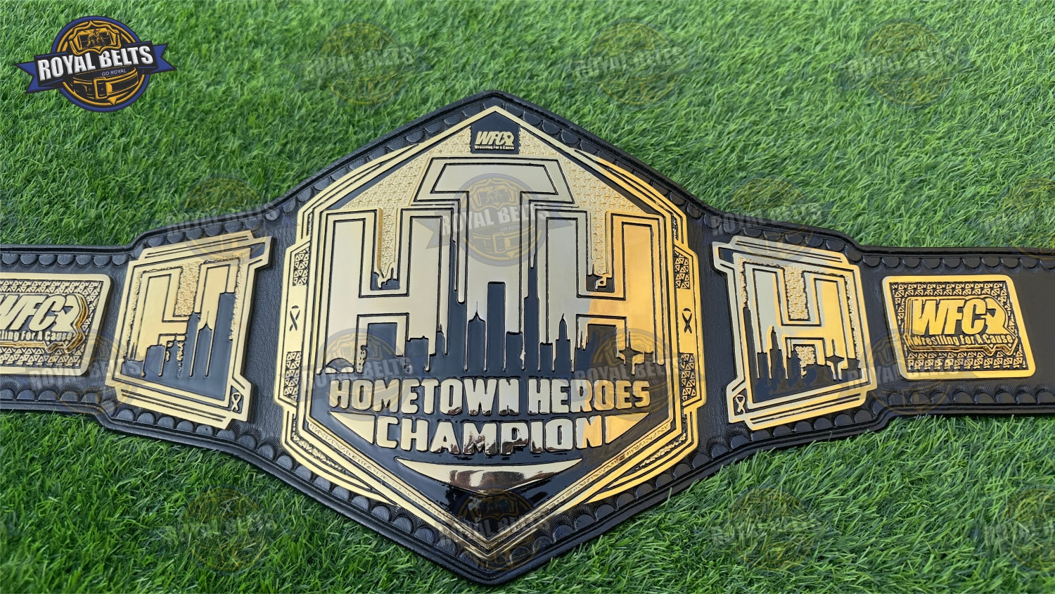 WFC Custom Hometown Heroes title belt featuring engraved center plate and adjustable snap closure Made by Royal Belts