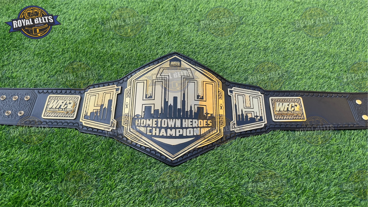 Hometown Heroes championship belt with layered metal plates and premium stitched leather backing Manufacture by Royal Belts