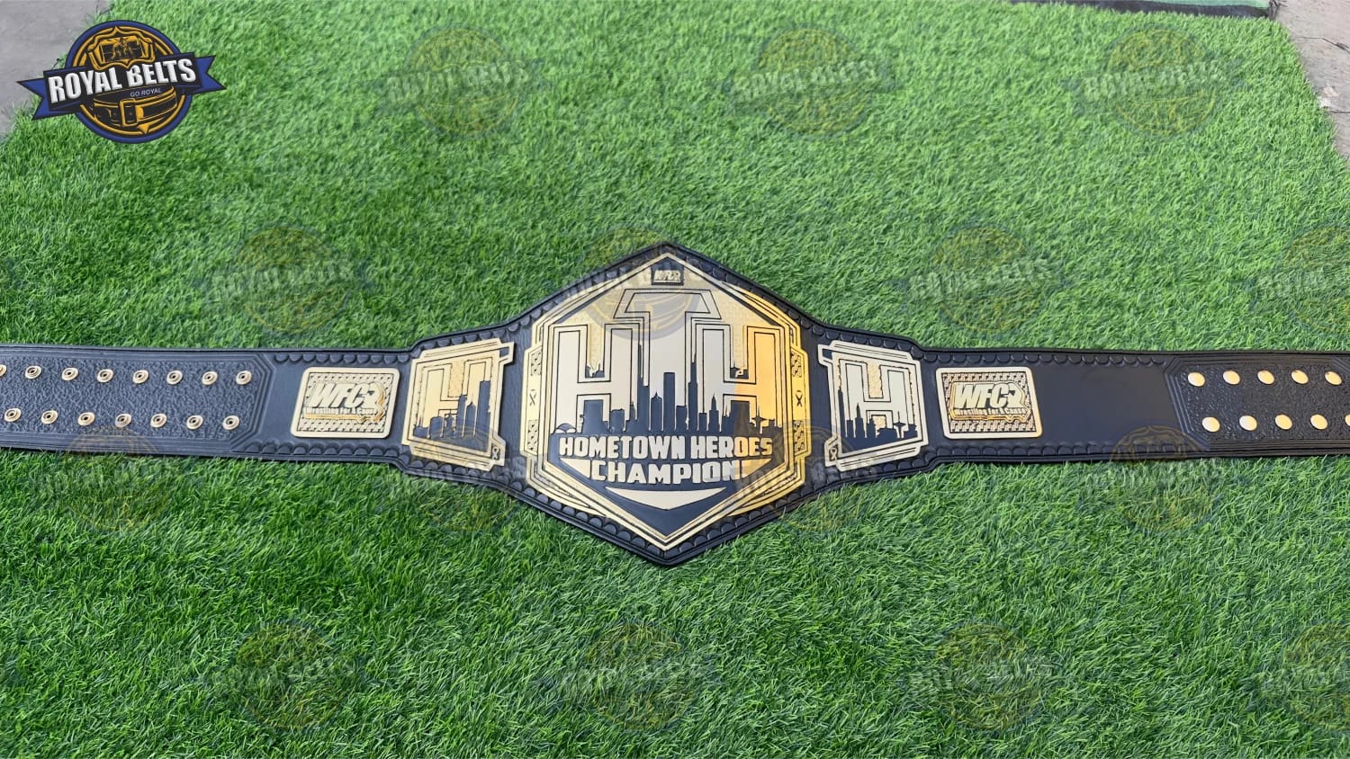 WFC custom championship belt crafted with zinc alloy plates and high gloss gold coating