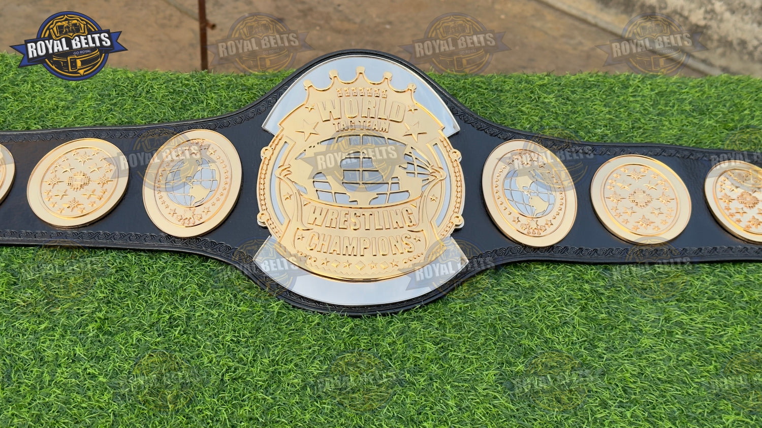 World Tag Team HD CNC belt with dual plated center plates, black leather strap, snap closure Crafted by Royal Belts