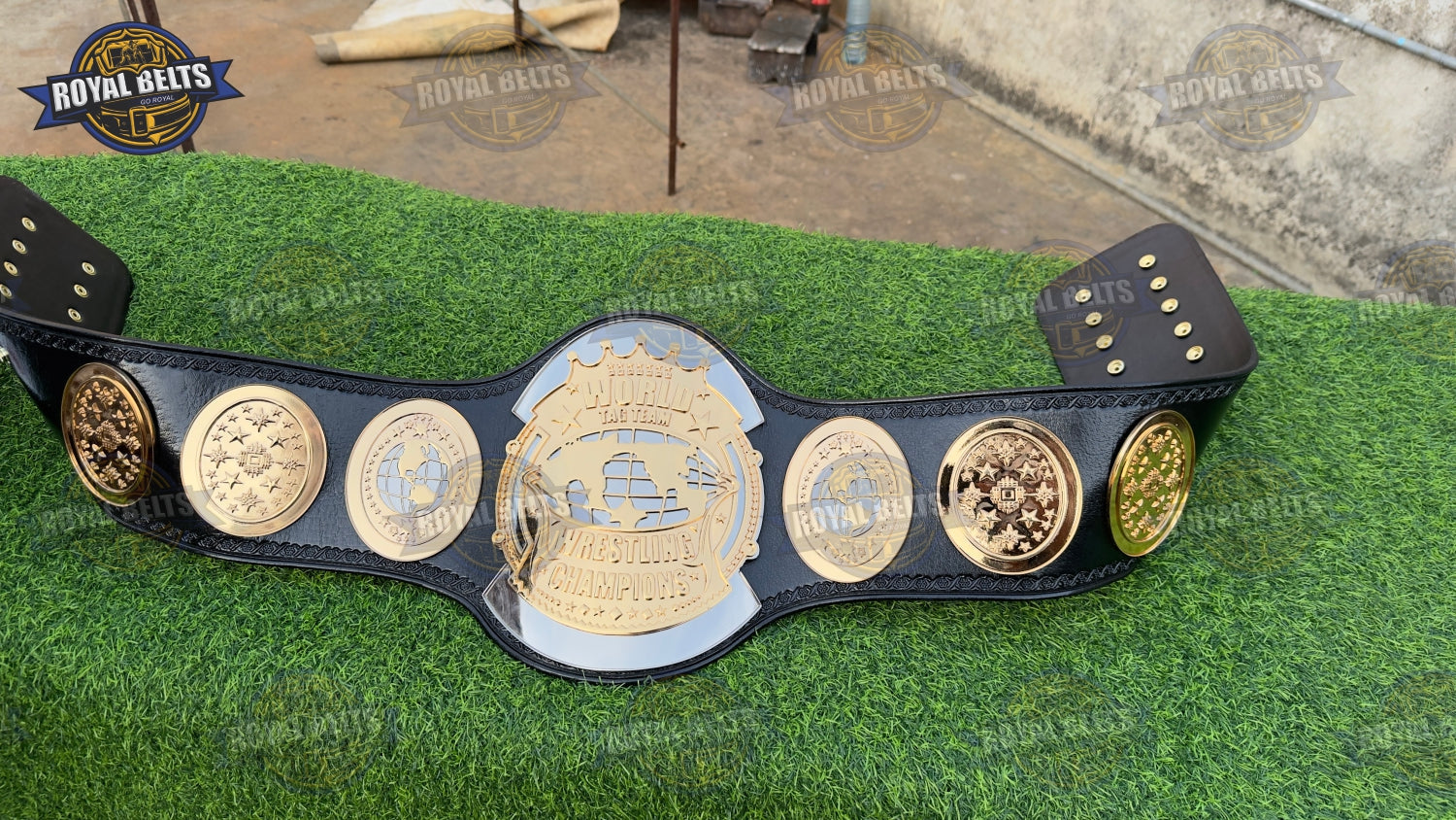 HD CNC World Tag Team championship belt featuring precision engraved plates, polished zinc, stitched leather Crafted by Royal Belts