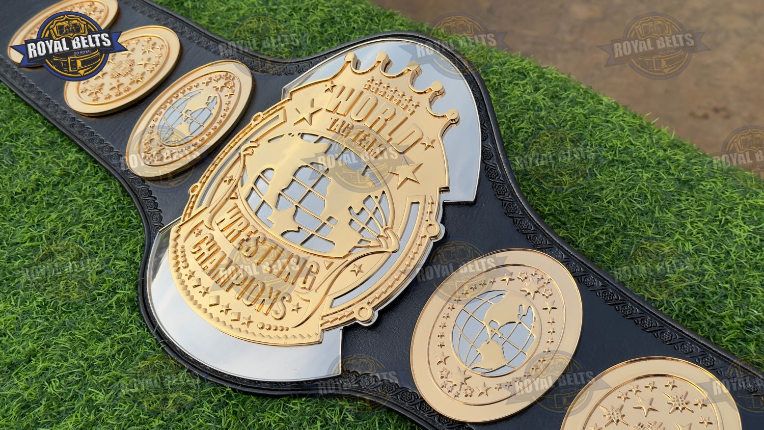 World Tag Team HD CNC title belt showcasing oversized CNC cut center plates, detailed engraving, leather strap Crafted by Royal Belts