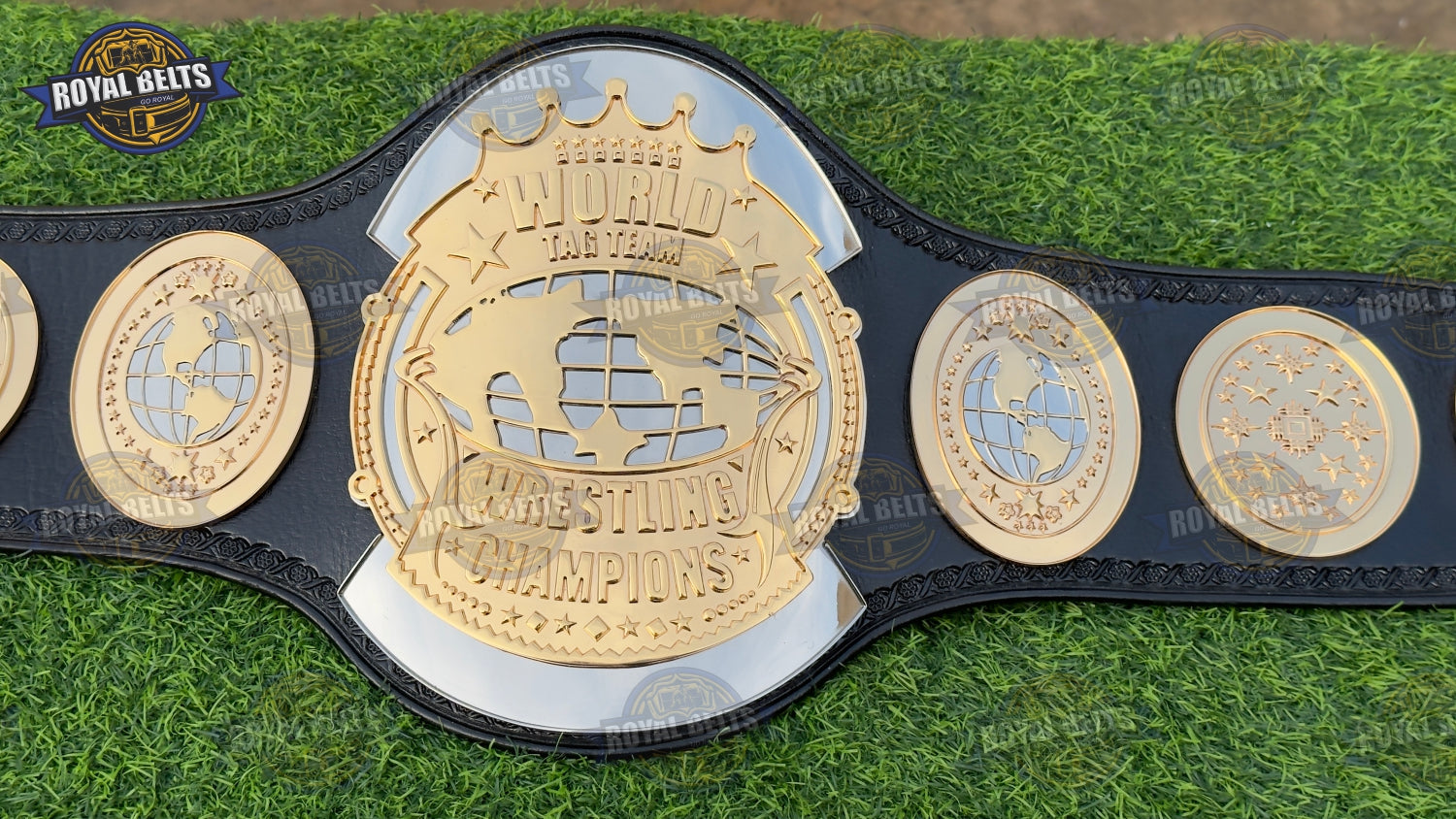 Tag Team wrestling belt with layered HD CNC dual plates, high gloss finish, durable black leather backing