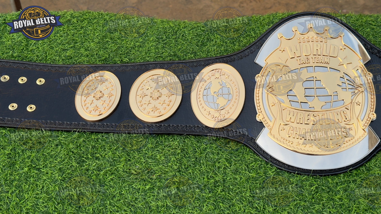 World Tag Team HD CNC belt displaying bold embossed center plates, thick metal construction, snap fit leather
