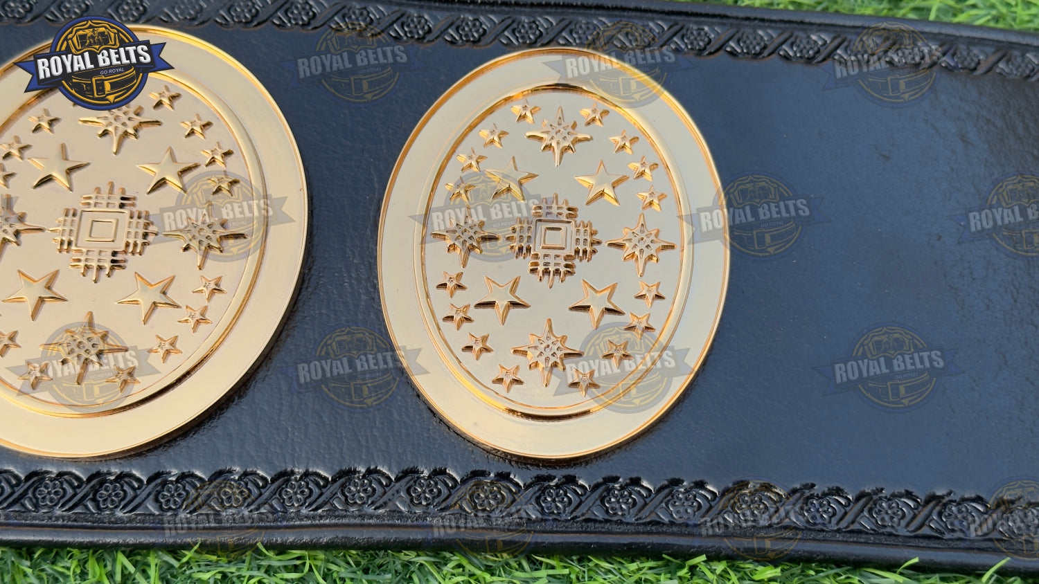 Custom World Tag Team HD CNC belt with deep etched center plates, premium alloy metal, stitched leather
