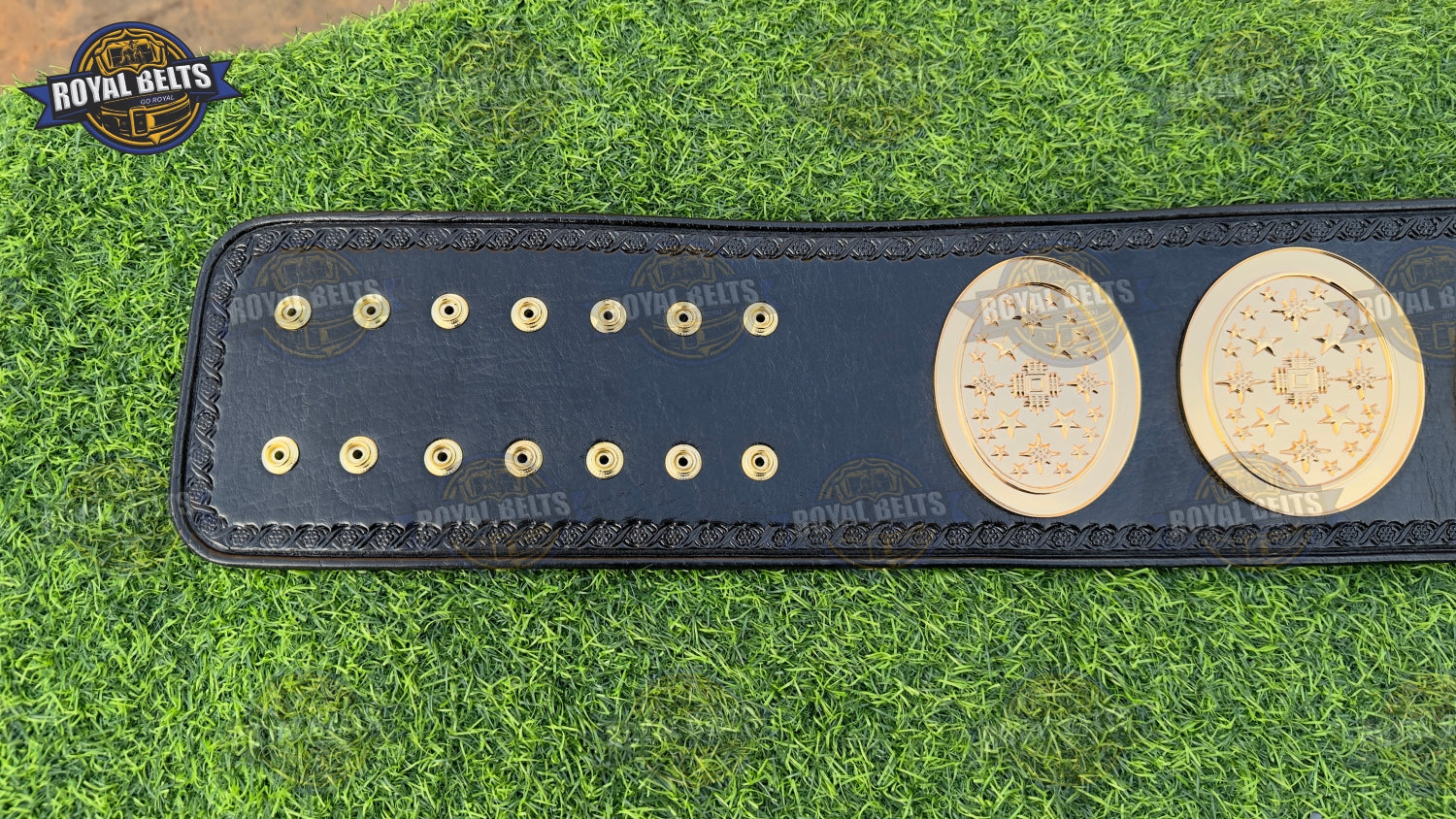 World Tag Team championship belt with beveled CNC gold plates, smooth polished finish, adjustable leather