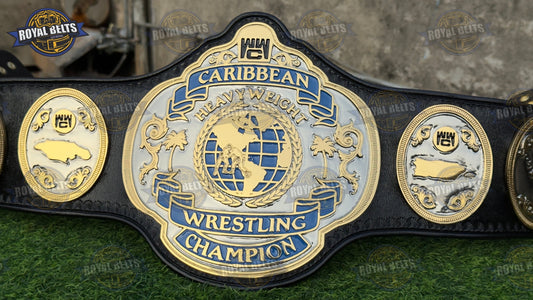 WWC Caribbean Heavyweight belt with dual plated center plate, black leather strap, snap closure Crafted by Royal Belts