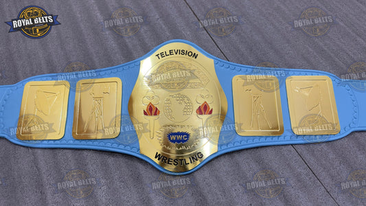 WWC TV Wrestling championship belt with gold plated center plate, blue leather strap, snap closure Made by Royal Belts