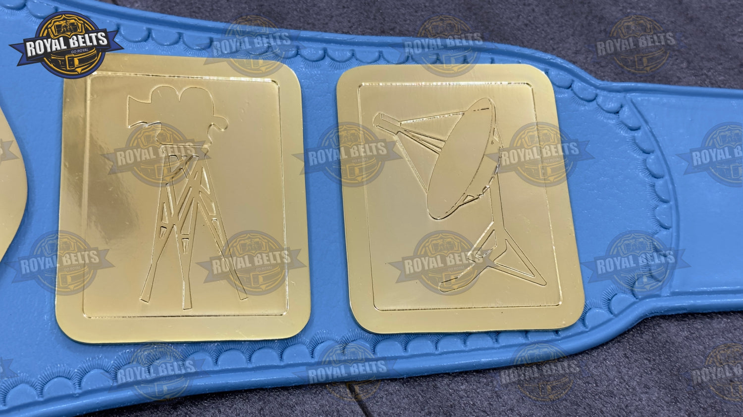 TV wrestling championship belt with mirror finish gold plates, reinforced leather backing