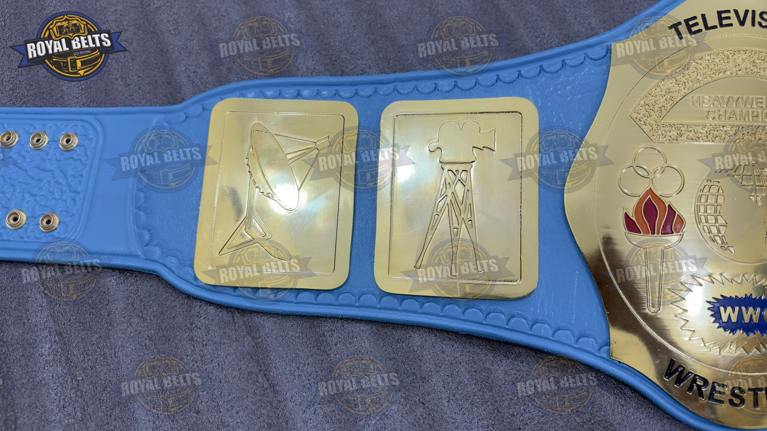 WWC TV championship belt with beveled gold plates, smooth polished finish, adjustable leather strap