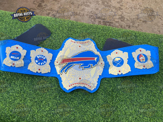 WWE Buffalo Bills Legacy NFL wrestling belt with team logo center plate, gold plated metal, blue leather strap Made by Royal Belts