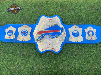 Buffalo Bills Legacy championship belt featuring engraved NFL logo plates, polished gold finish, snap leather strap Made by Royal Belts