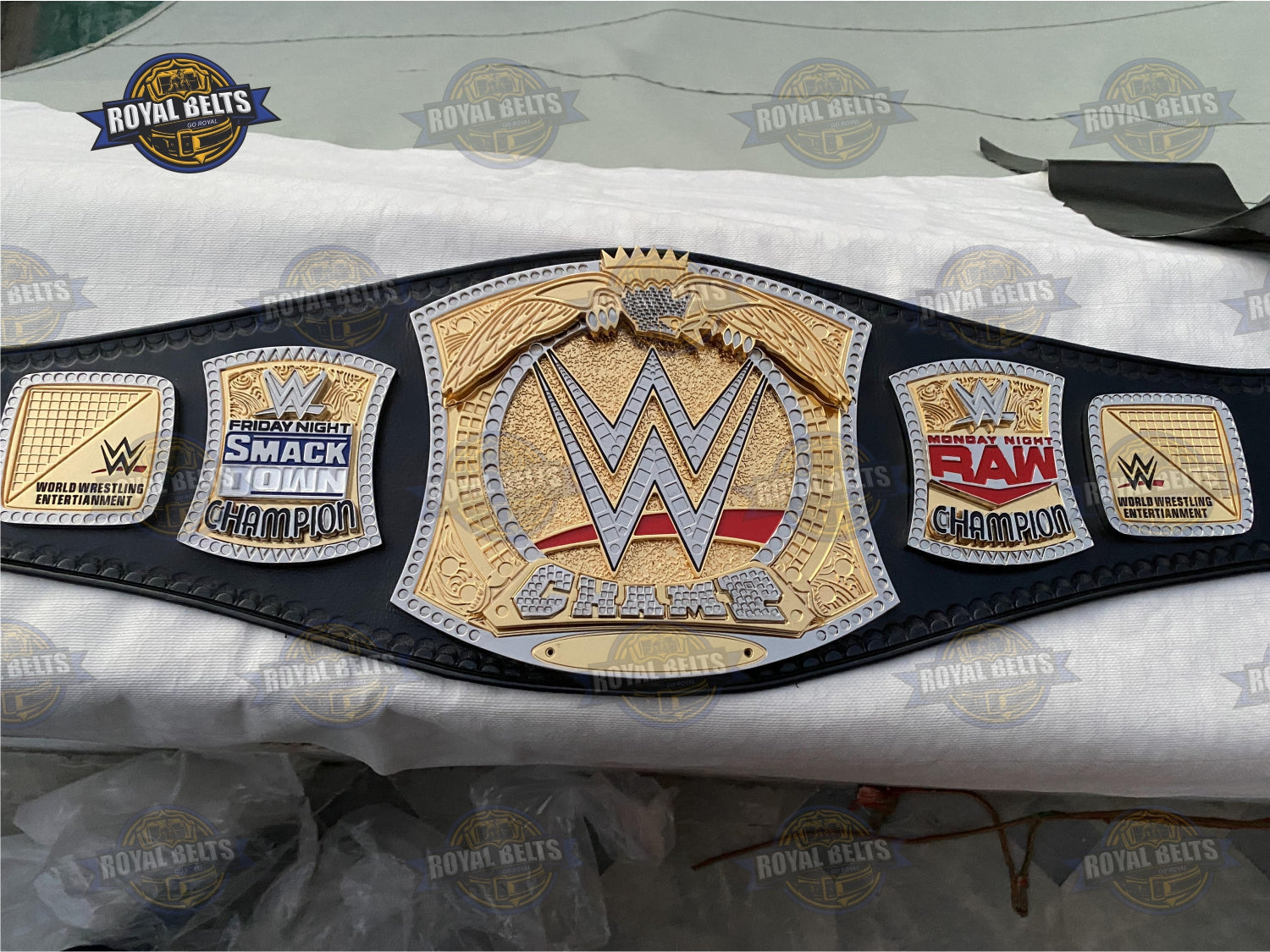 WWE Custom Spinner belt with CNC engraved spinning center plate, dual finish, premium black leather strap Crafted by Royal Belts