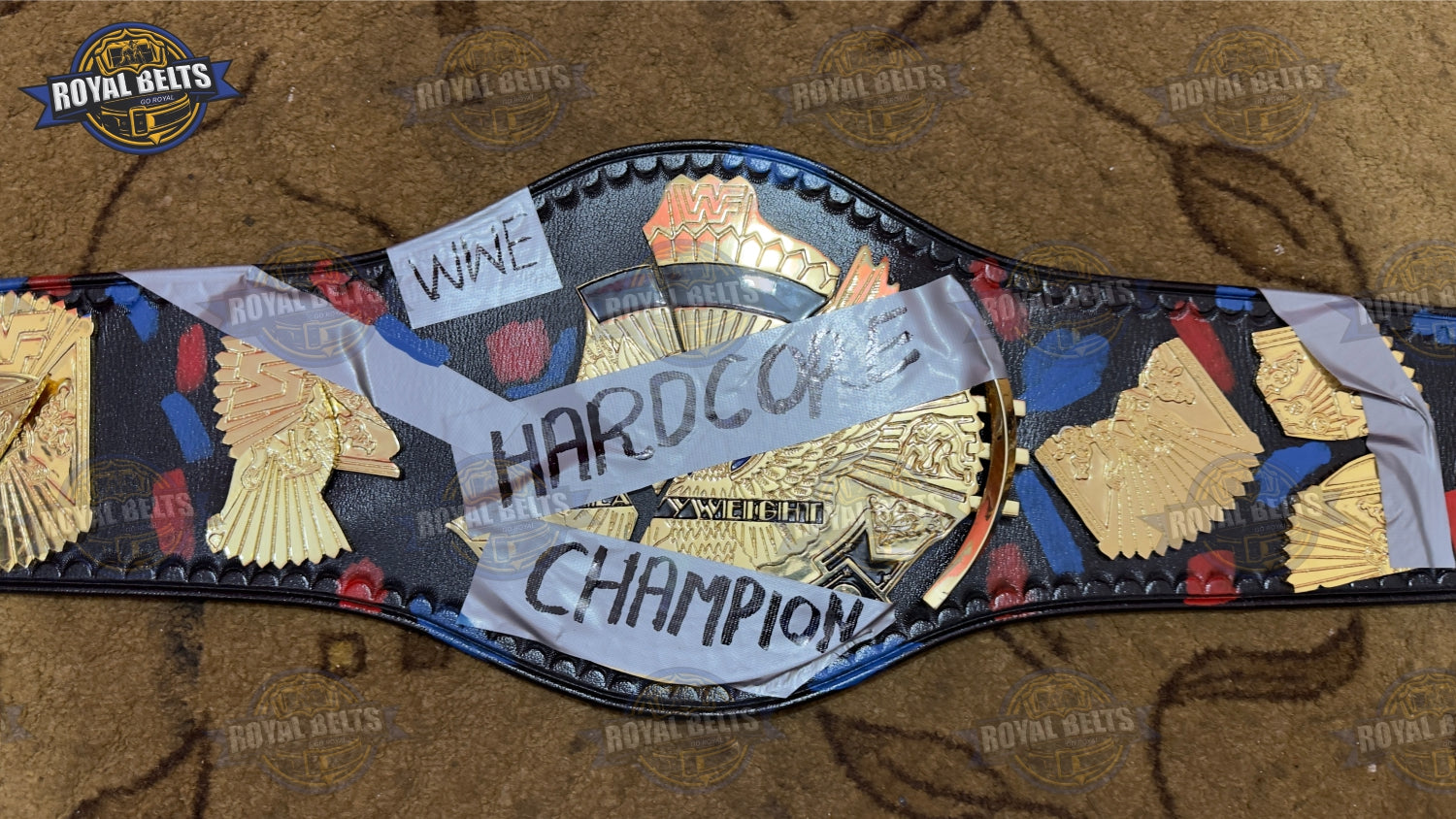 WWE Hardcore wrestling title belt with gold plates and hand painted leather strap Made by Royal Belts