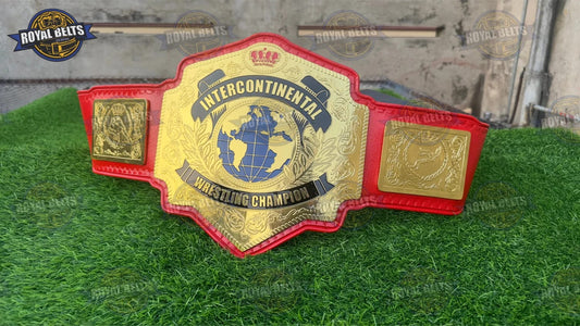 WWE Intercontinental Championship belt with gold center plate, red leather strap, detailed globe design Made by Royal Belts