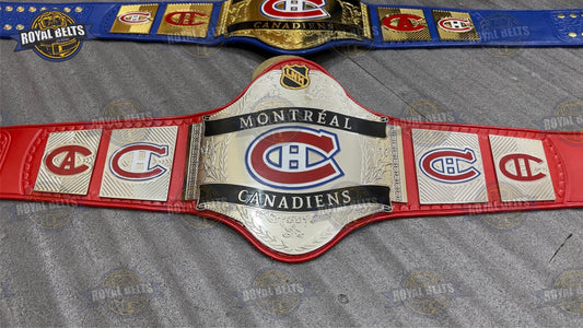 Montreal Canadiens WWE Legacy belt with gold plates, Canadiens logo center, red leather strap Manufacture by Royal Belts