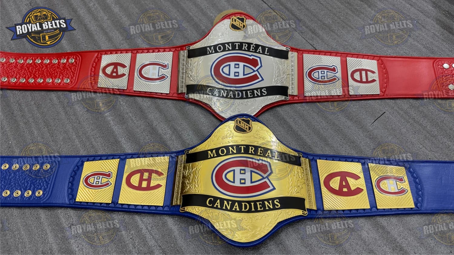 Montreal Canadiens WWE Legacy title belt featuring polished gold plates and NHL team branding Handmade by Royal Belts