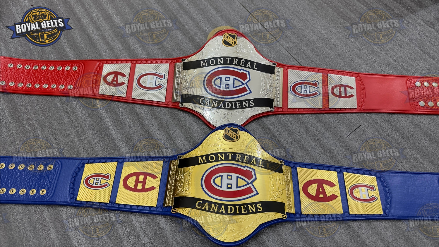 WWE Legacy Championship belt with Canadiens emblem, textured red strap, adjustable snap closure Crafted by Royal Belts