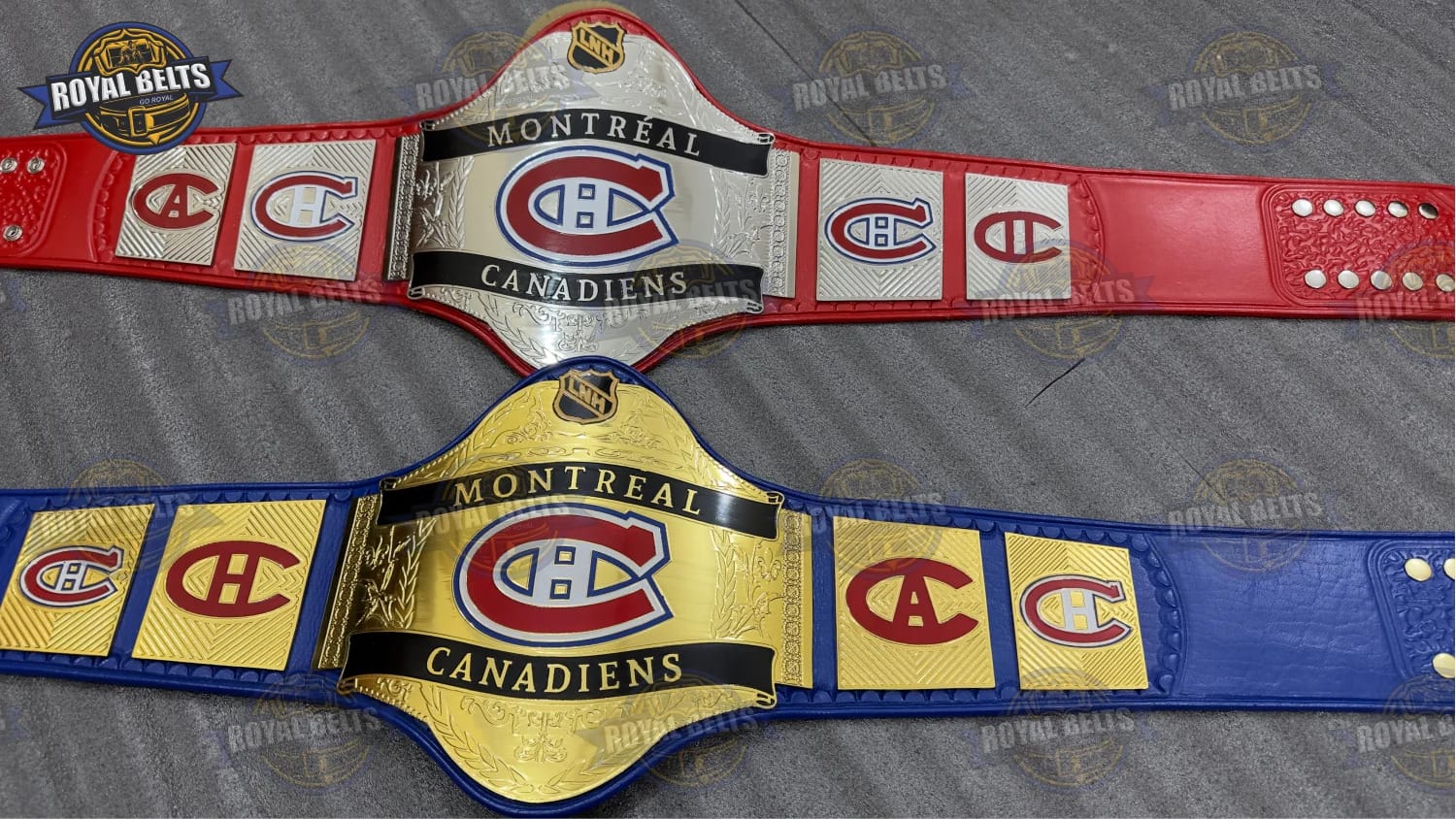 WWE NHL Legacy belt showing engraved Canadiens logo and premium stitched leather Made by Royal Belts