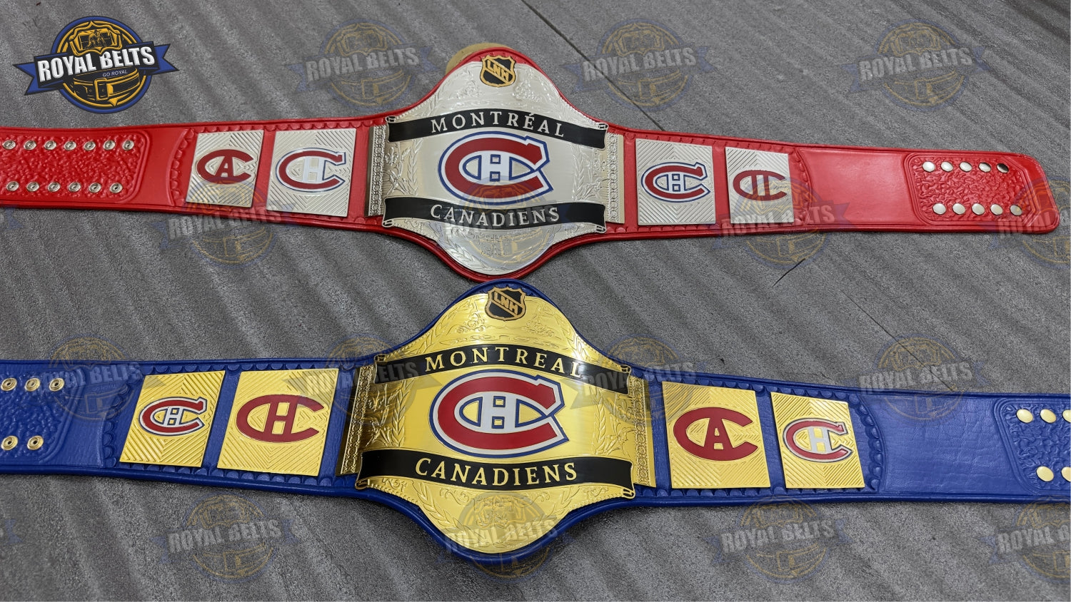 NHL WWE Legacy belt designed with bold Canadiens branding and curved heavyweight metal plates