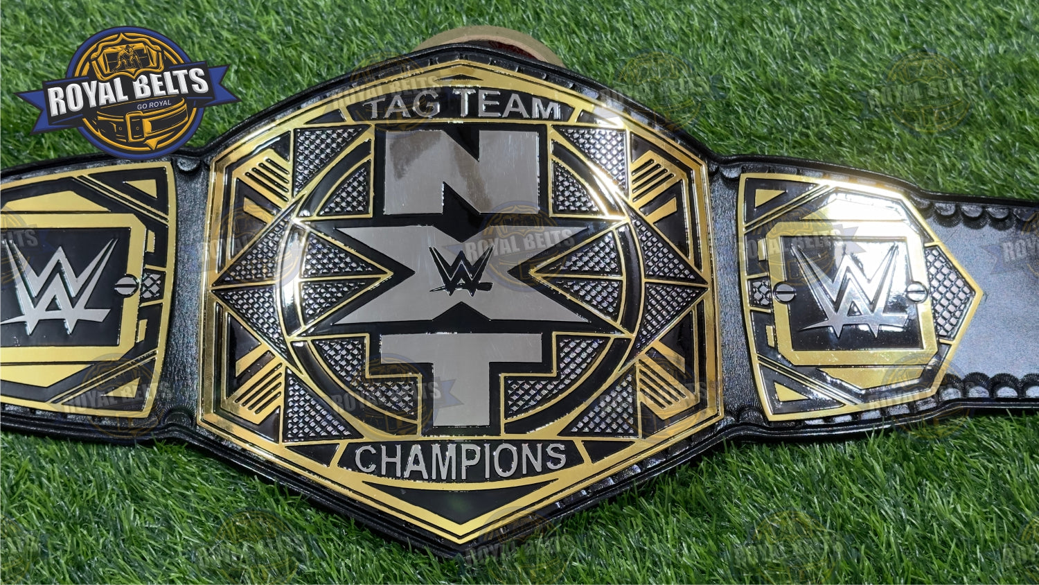 WWE NXT Tag Team Championship Belt with engraved metal center plate, dual side plates, black leather strap Made by Royal Belts