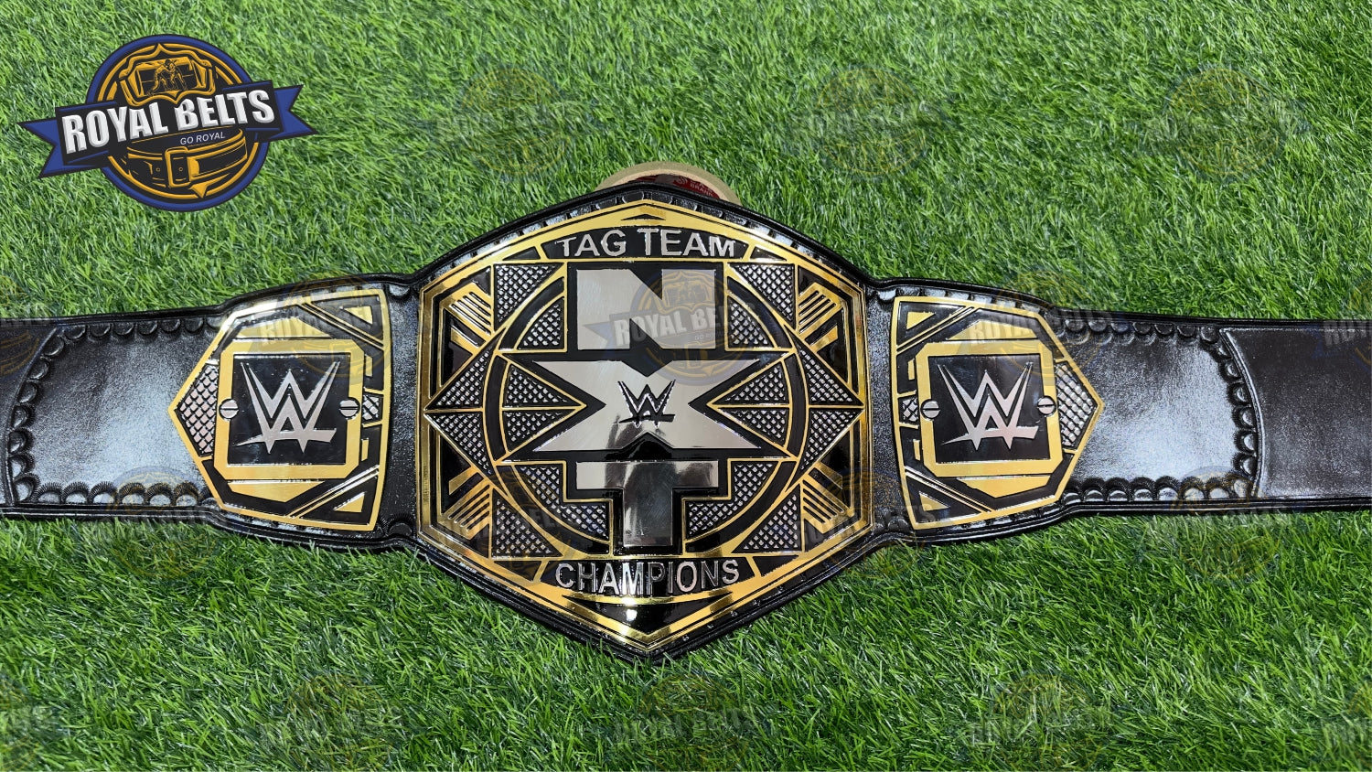WWE NXT Tag Team Title Belt featuring polished metal plates, bold NXT logo, snap closure Made by Royal Belts