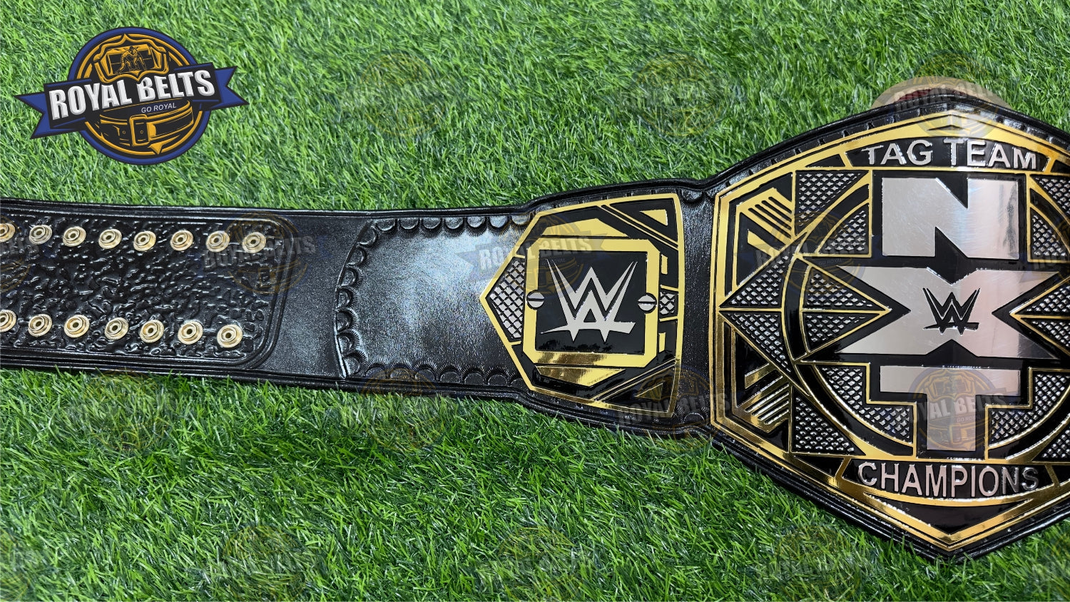 WWE NXT Tag Team Belt showcasing etched side plates, durable leather strap, replica quality