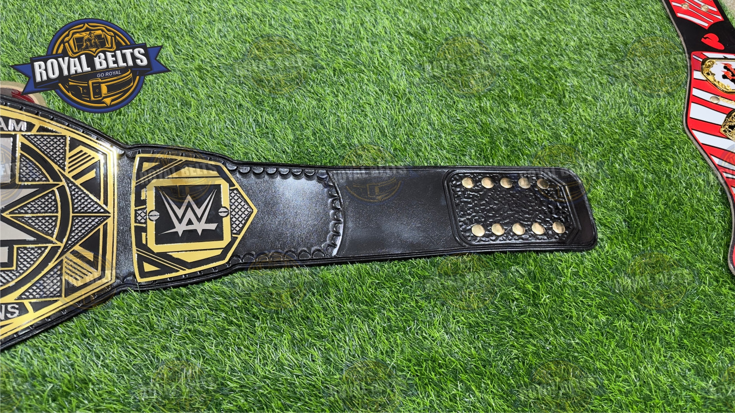 WWE NXT Tag Team Belt with polished metal center and side plates, adjustable waist fit