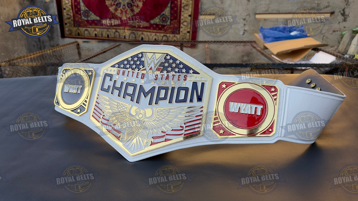 United States championship belt featuring interchangeable custom side plates, polished brass, leather backing 