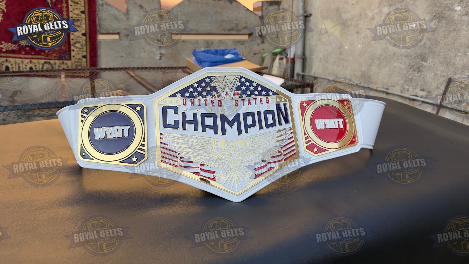 Custom WWE US belt with raised eagle center plate, mirror polished gold alloy, adjustable leather strap