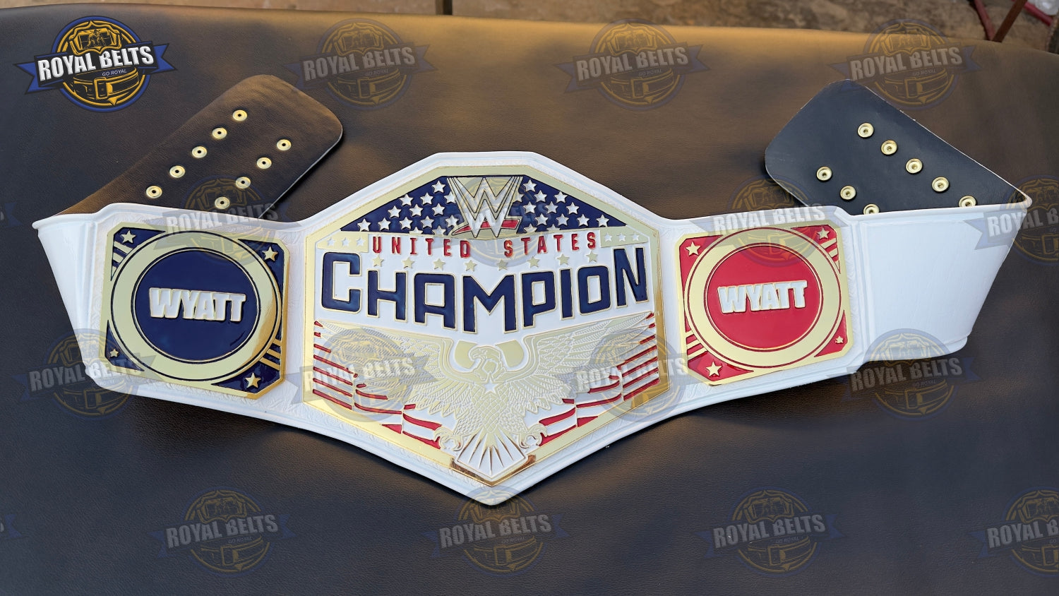 WWE United States wrestling belt showcasing CNC etched custom side plates, detailed engraving, leather strap