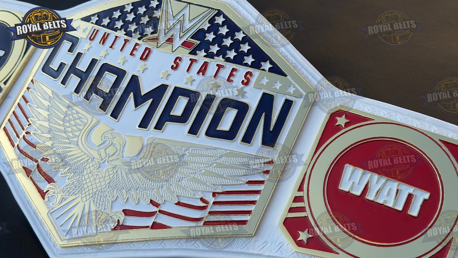 US championship belt with layered gold plates, high gloss finish, durable white leather backing